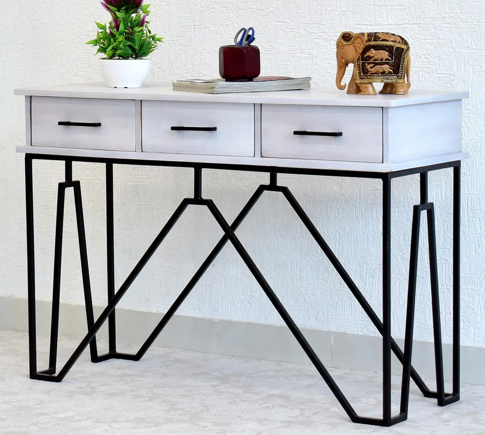 Triple Drawer Solid Wood Black &amp; White Console Table Black