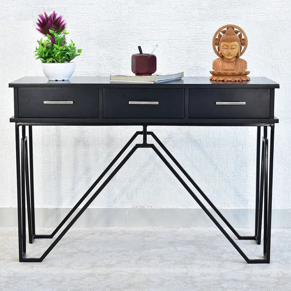 Triple Drawer Solid Wood Black &amp; White Console Table Black