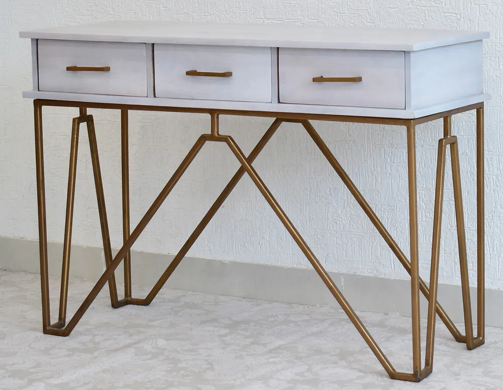 Triple Drawer Solid Wood Black Console Table With Golden Iron Frame Brown