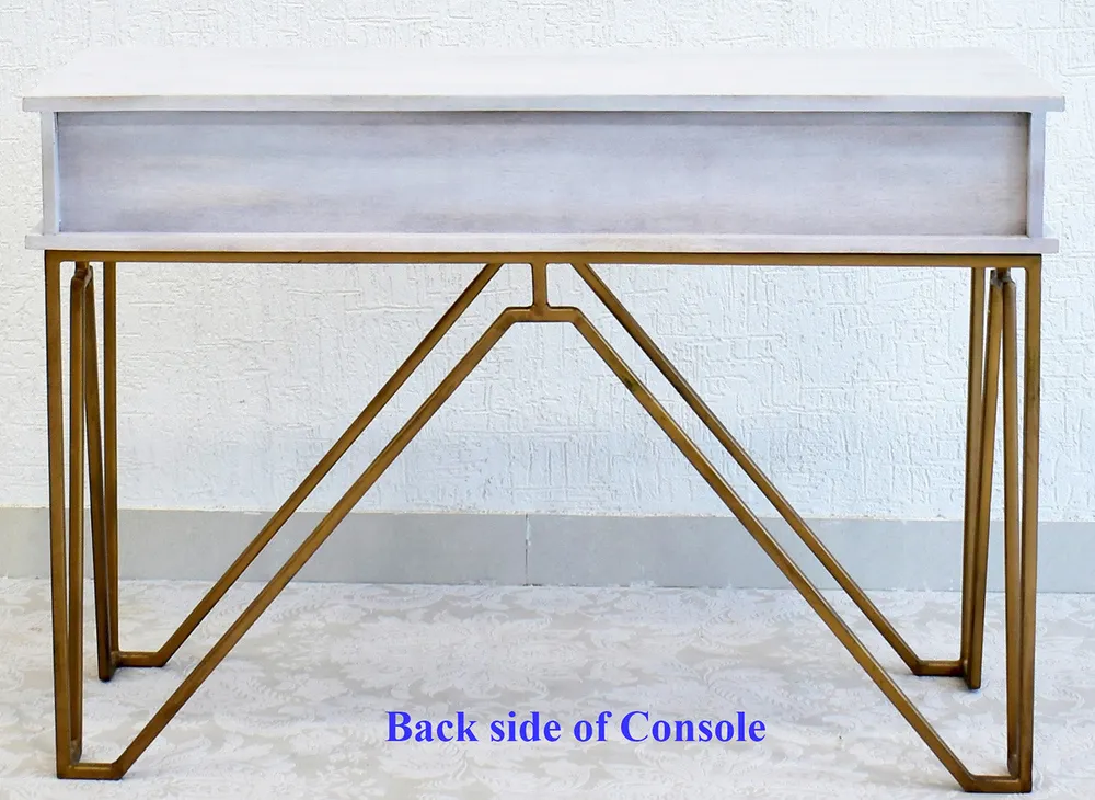 Triple Drawer Solid Wood Black Console Table With Golden Iron Frame Brown