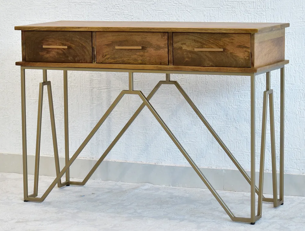 Triple Drawer Solid Wood Black Console Table With Golden Iron Frame Brown
