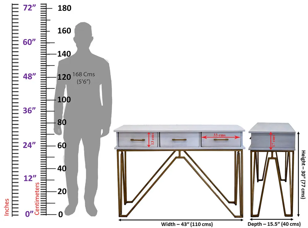 Triple Drawer Solid Wood Black Console Table With Golden Iron Frame Brown