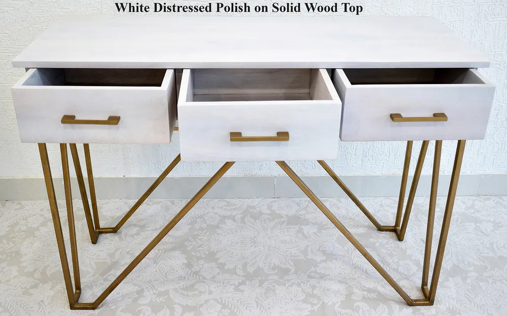 Triple Drawer Solid Wood Black Console Table With Golden Iron Frame Brown