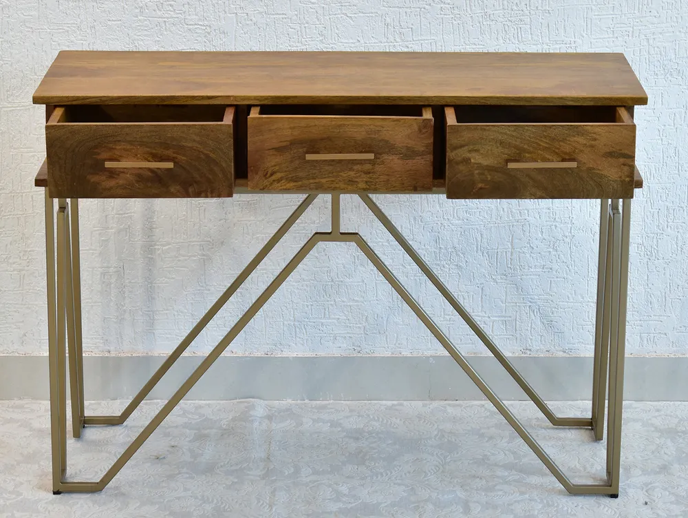 Triple Drawer Solid Wood Black Console Table With Golden Iron Frame Brown