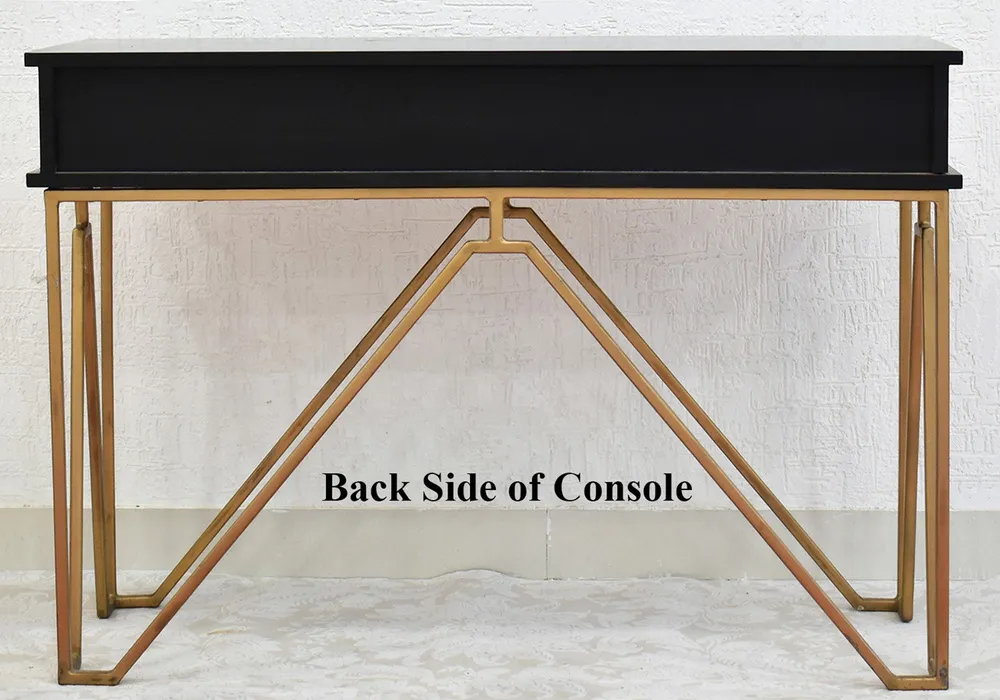 Triple Drawer Solid Wood Black Console Table With Golden Iron Frame Brown