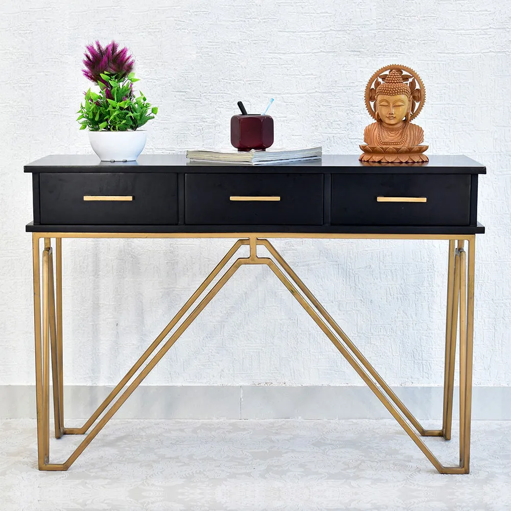 Triple Drawer Solid Wood Black Console Table With Golden Iron Frame Brown