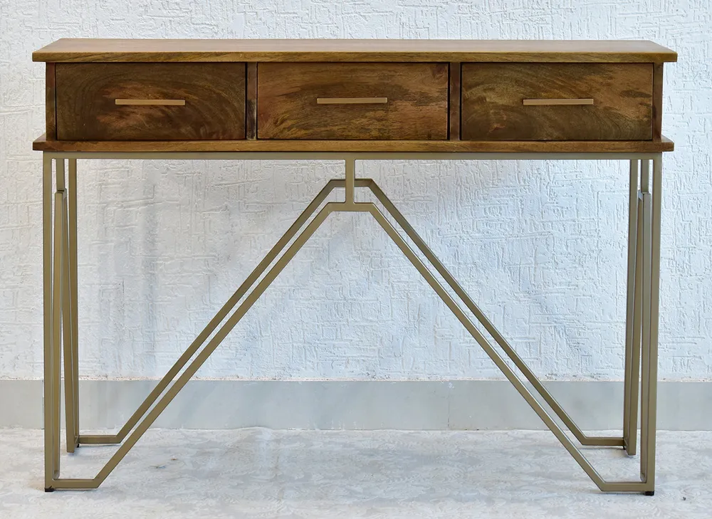 Triple Drawer Solid Wood Black Console Table With Golden Iron Frame Brown