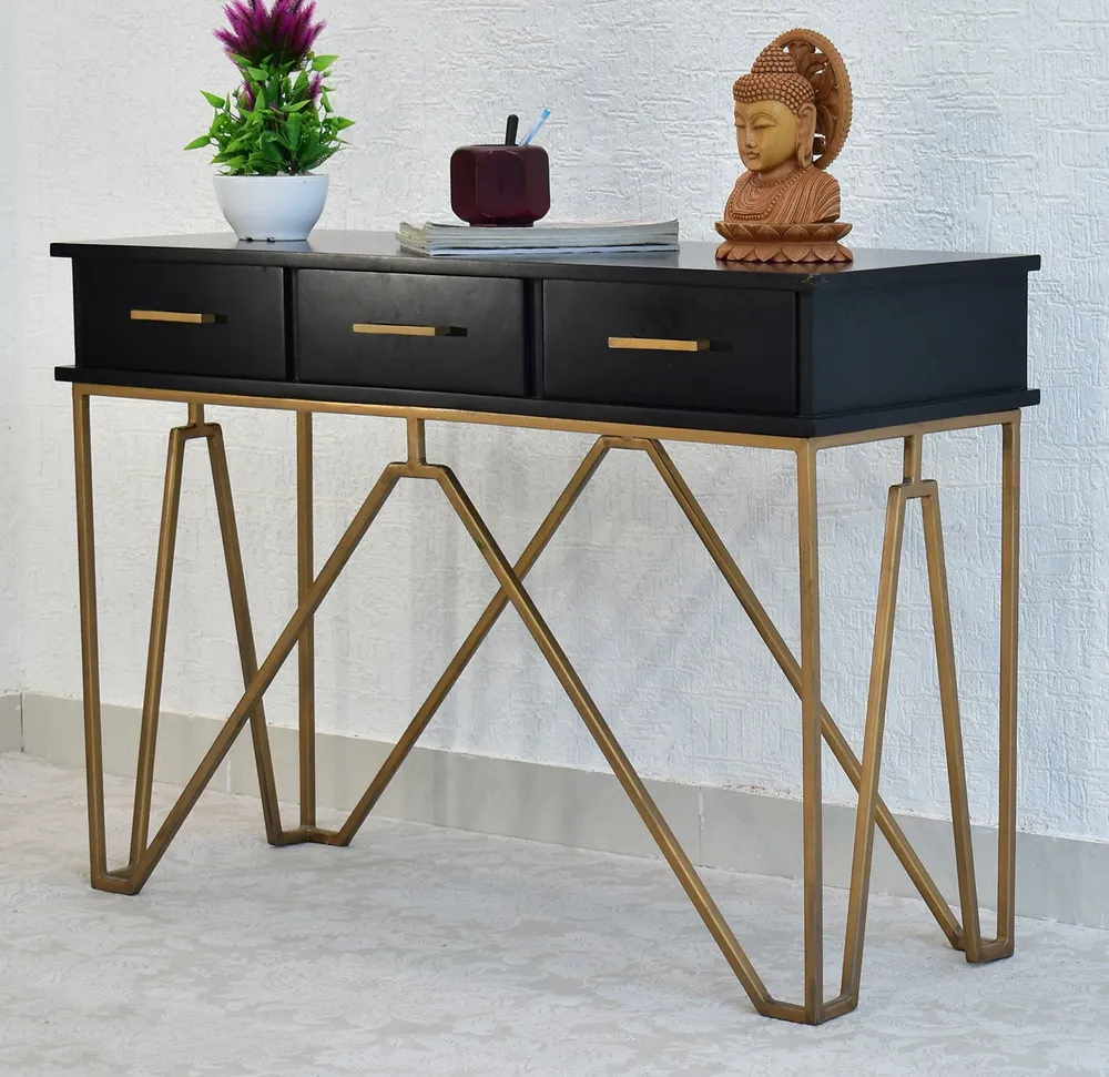 Triple Drawer Solid Wood Black Console Table With Golden Iron Frame Brown