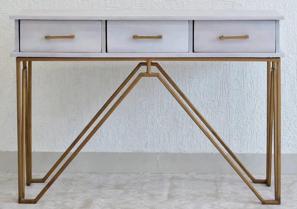 Triple Drawer Solid Wood Black Console Table With Golden Iron Frame Brown