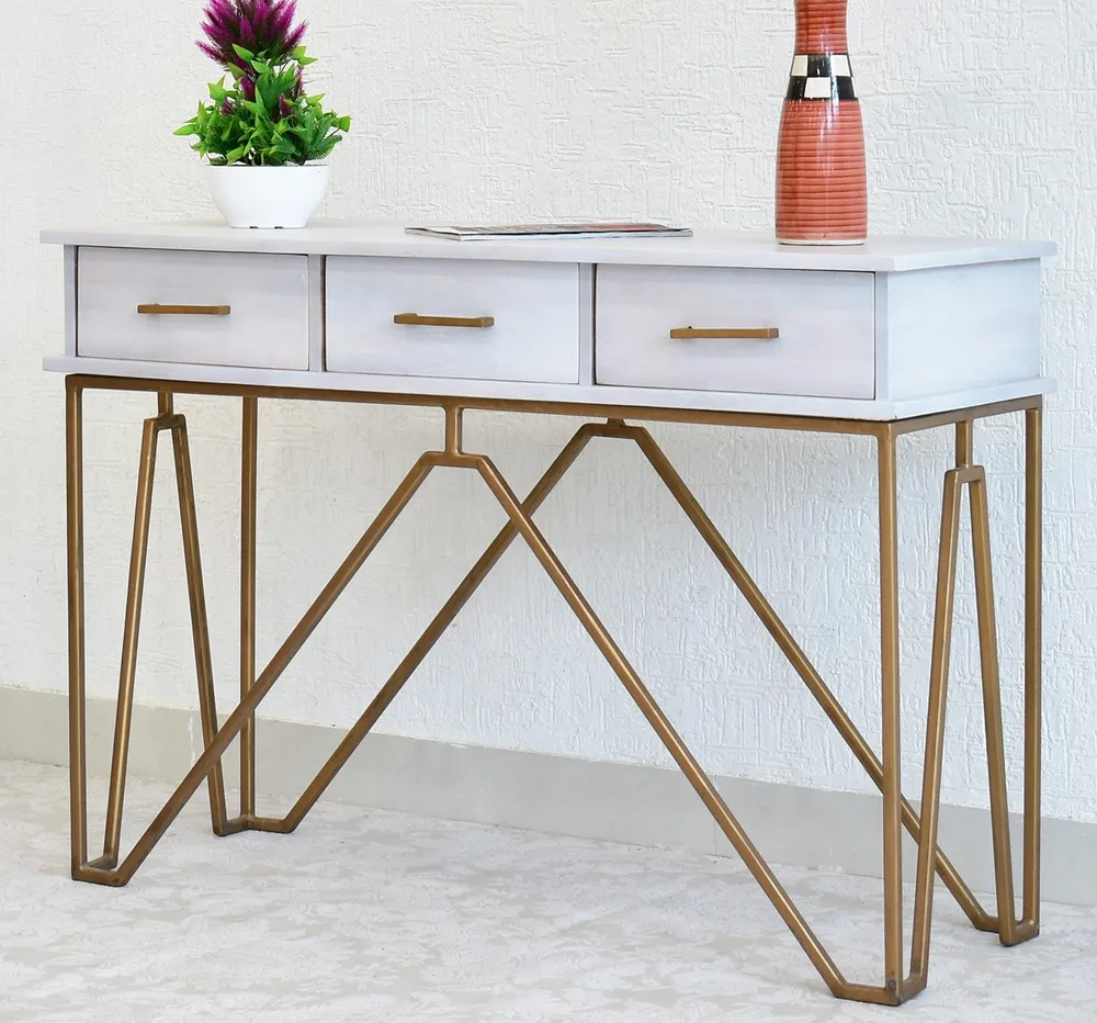 Triple Drawer Solid Wood Black Console Table With Golden Iron Frame Brown