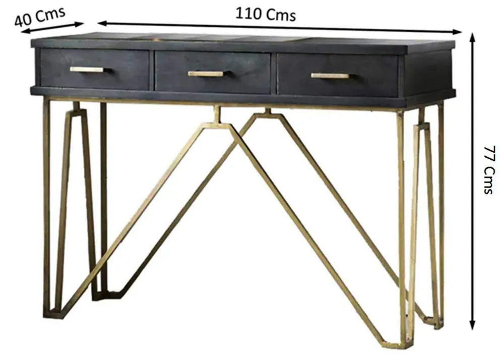 Triple Drawer Solid Wood Black Console Table With Golden Iron Frame Brown