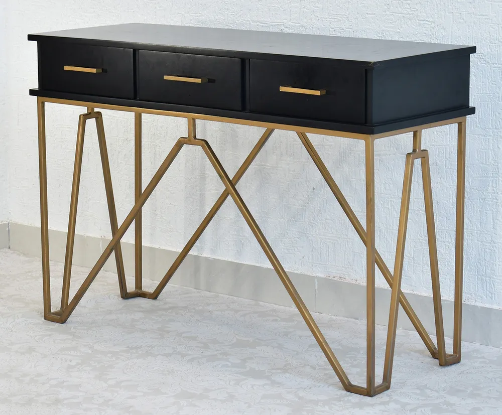 Triple Drawer Solid Wood Black Console Table With Golden Iron Frame Brown