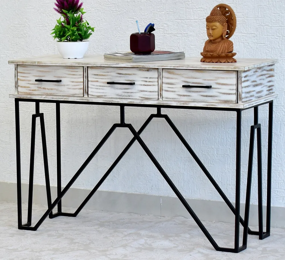 Triple Drawer Solid Wood Distressed Black &amp; White Console Table Green