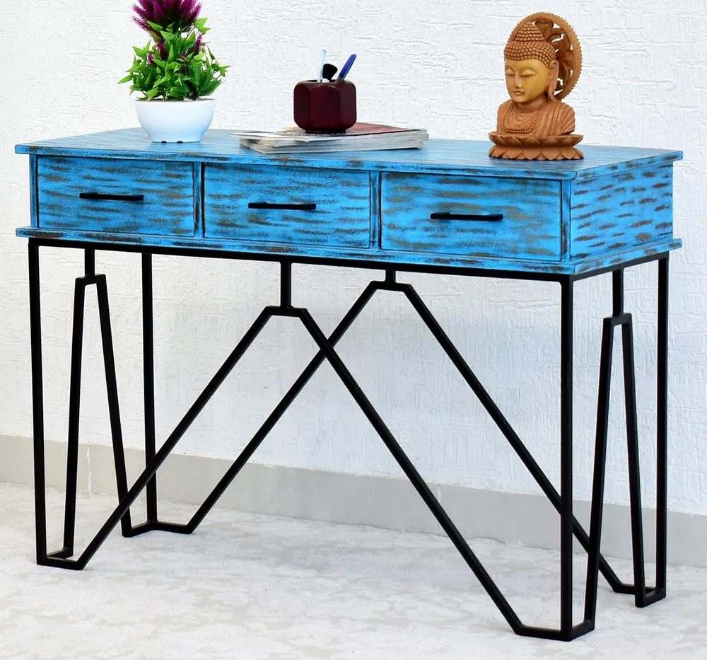 Triple Drawer Solid Wood Distressed Black &amp; White Console Table Green