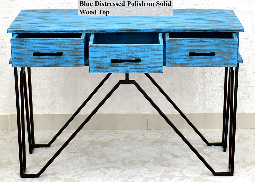 Triple Drawer Solid Wood Distressed Black &amp; White Console Table Green