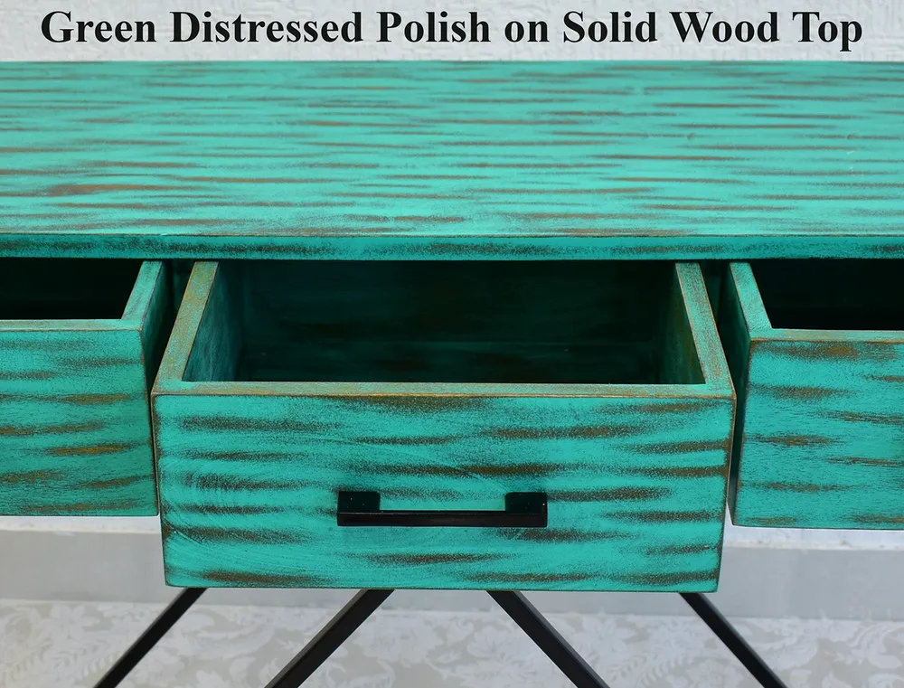 Triple Drawer Solid Wood Distressed Black &amp; White Console Table Green