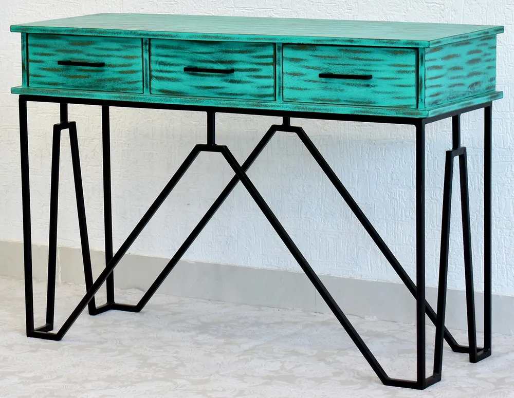 Triple Drawer Solid Wood Distressed Black &amp; White Console Table Green