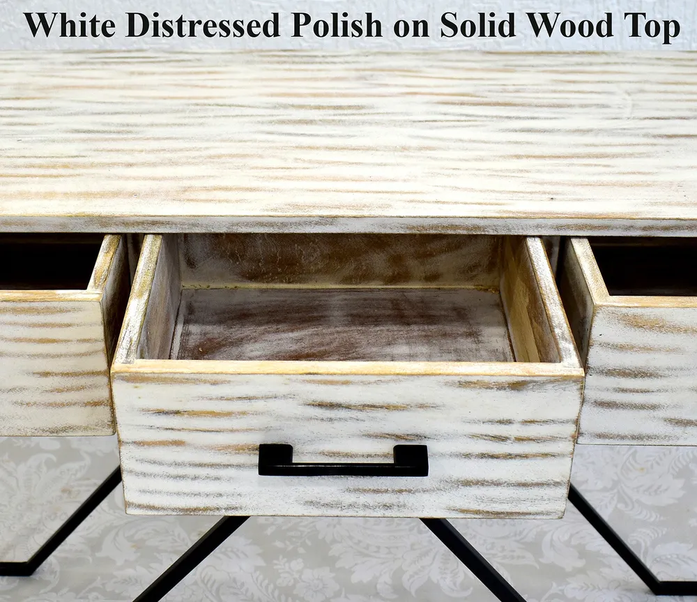 Triple Drawer Solid Wood Distressed Black &amp; White Console Table Green