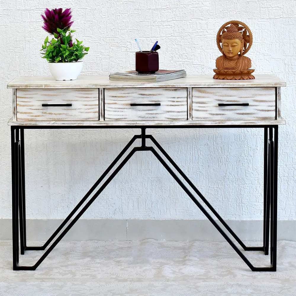 Triple Drawer Solid Wood Distressed Black &amp; White Console Table Green