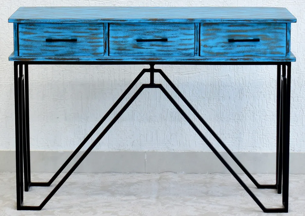 Triple Drawer Solid Wood Distressed Black &amp; White Console Table Green