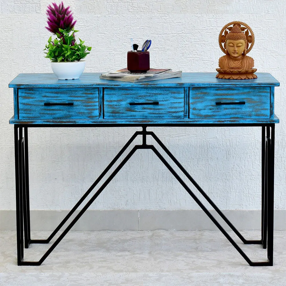 Triple Drawer Solid Wood Distressed Black &amp; White Console Table Green