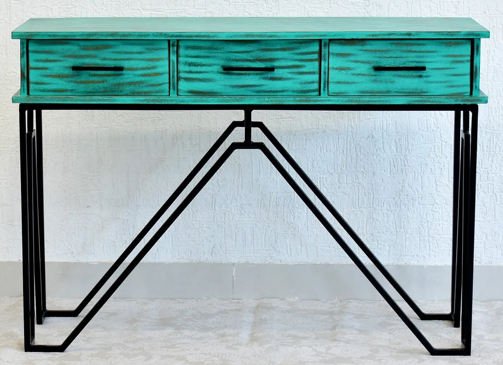 Triple Drawer Solid Wood Distressed Black &amp; White Console Table Green