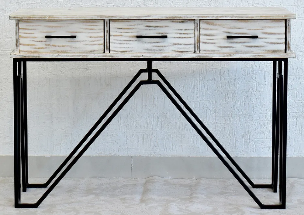 Triple Drawer Solid Wood Distressed Black &amp; White Console Table Green