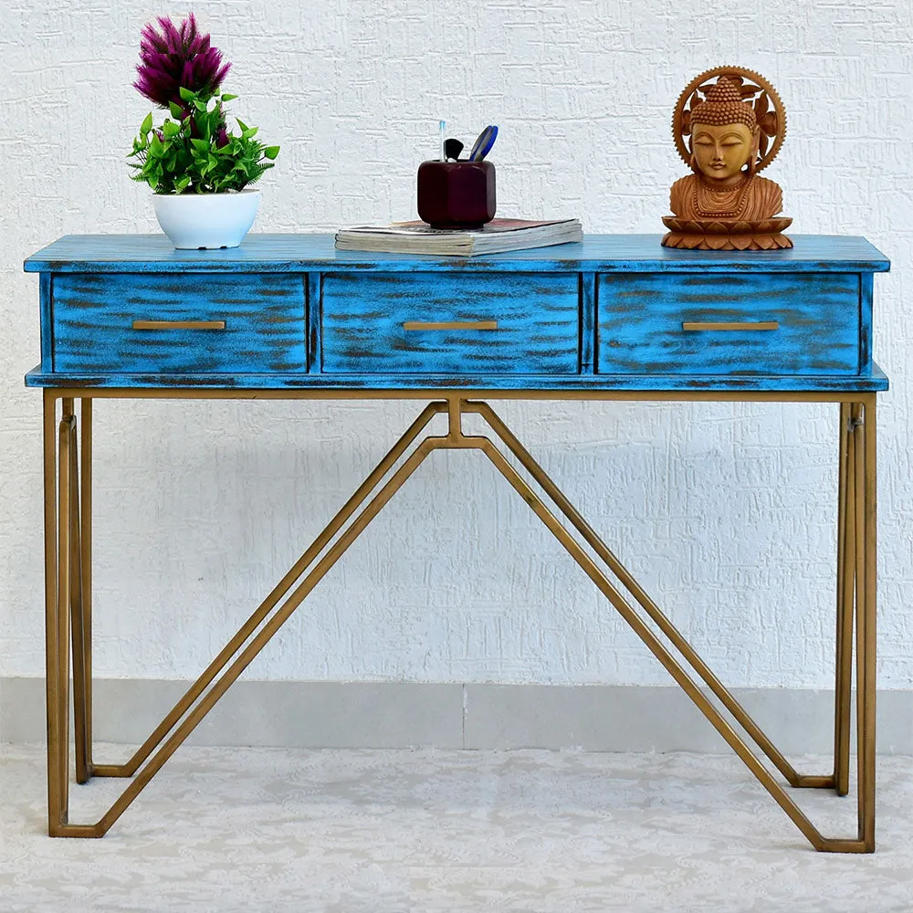 Triple Drawer Solid Wood Distressed Blue Console Table With Golden Iron Frame White