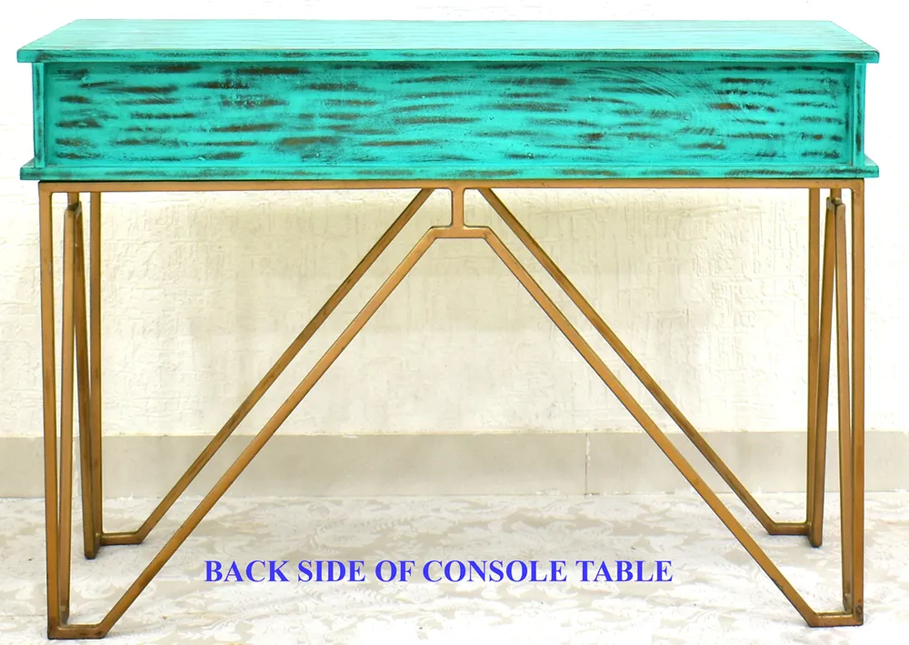 Triple Drawer Solid Wood Distressed Blue Console Table With Golden Iron Frame White