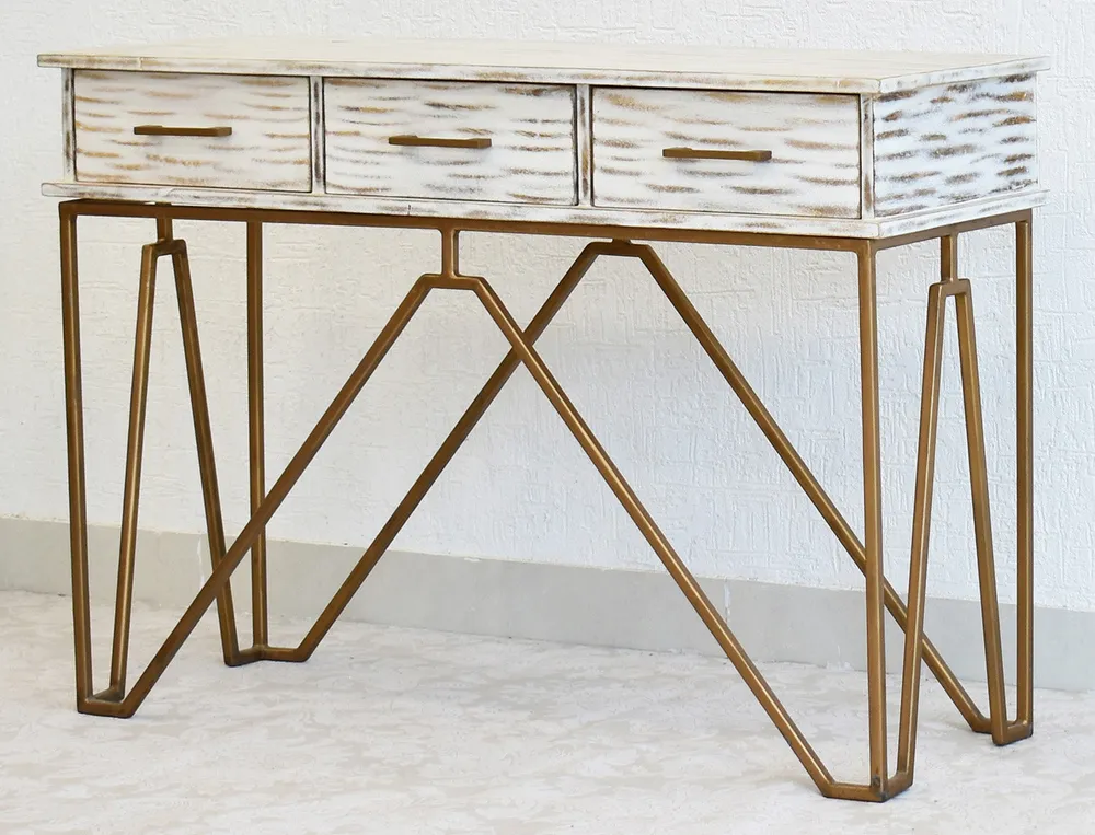Triple Drawer Solid Wood Distressed Blue Console Table With Golden Iron Frame White