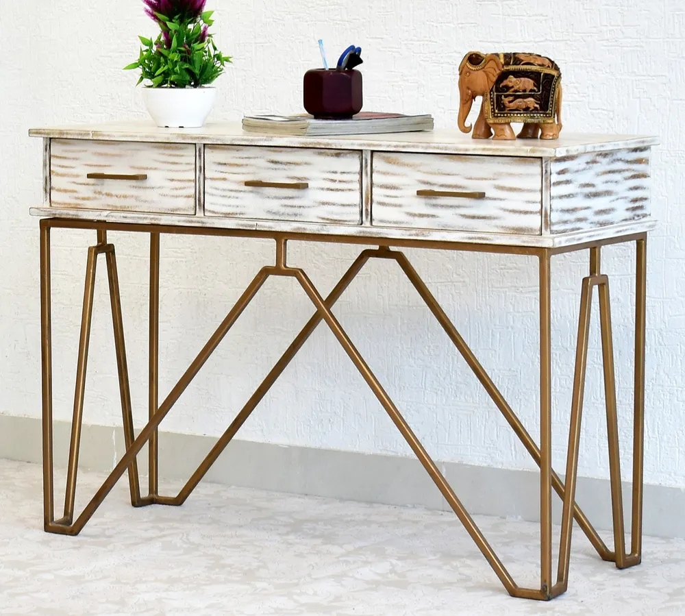Triple Drawer Solid Wood Distressed Blue Console Table With Golden Iron Frame White
