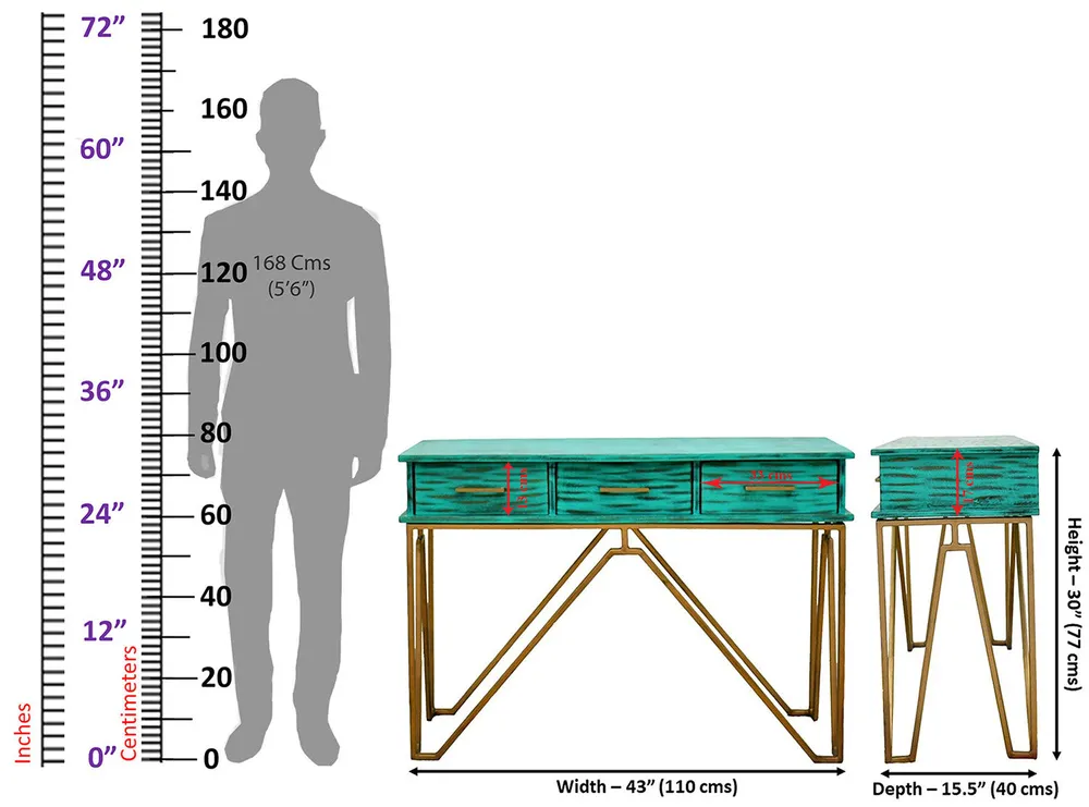 Triple Drawer Solid Wood Distressed Blue Console Table With Golden Iron Frame White