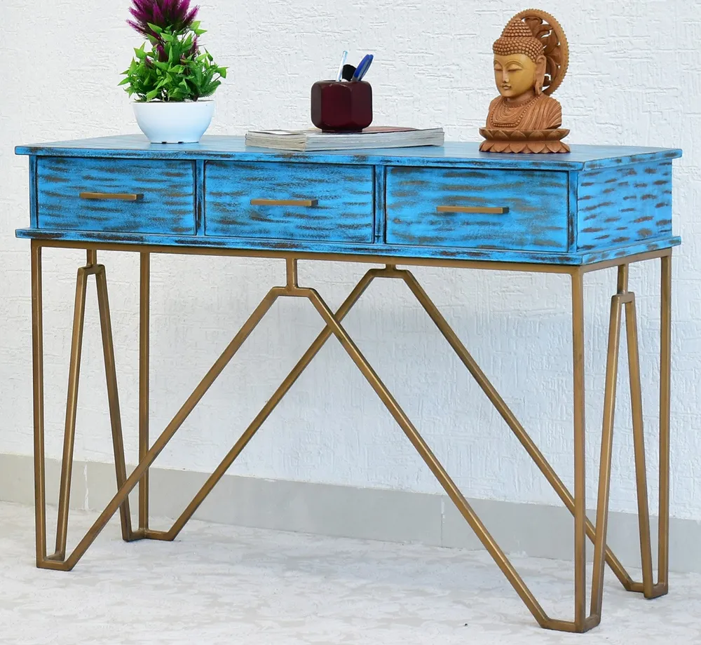 Triple Drawer Solid Wood Distressed Blue Console Table With Golden Iron Frame White