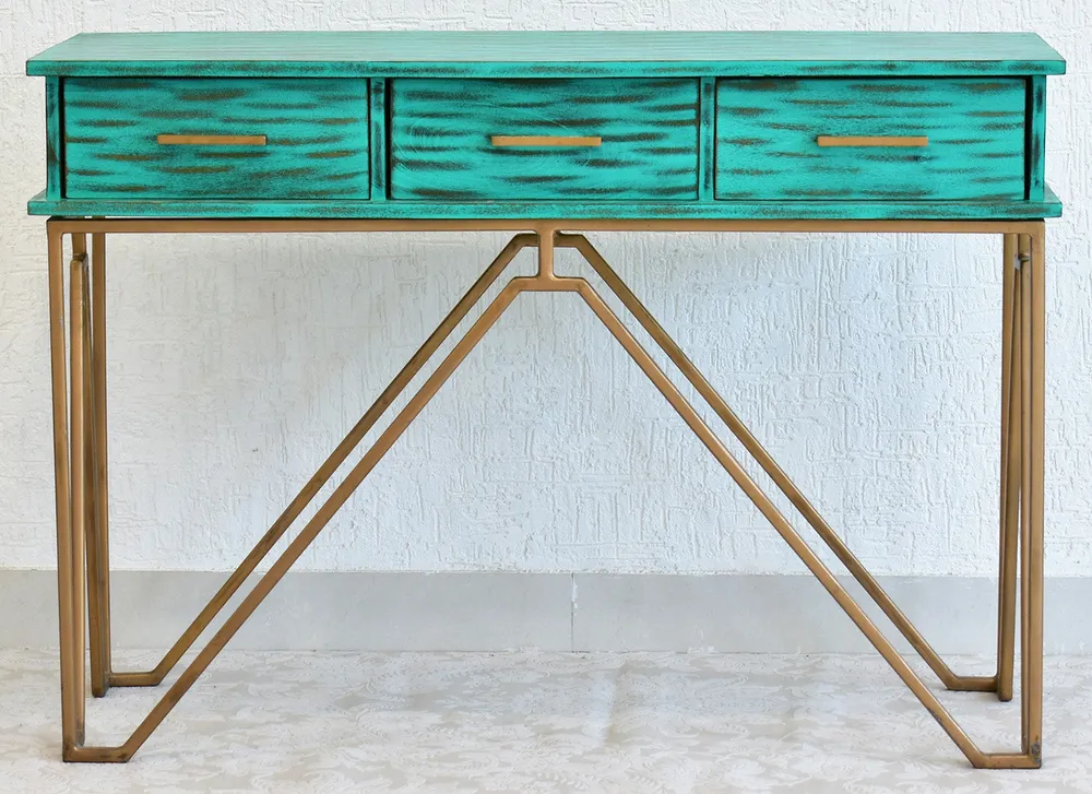 Triple Drawer Solid Wood Distressed Blue Console Table With Golden Iron Frame White