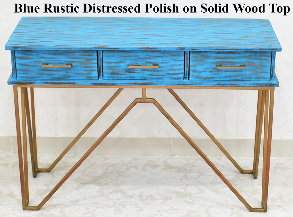Triple Drawer Solid Wood Distressed Blue Console Table With Golden Iron Frame White