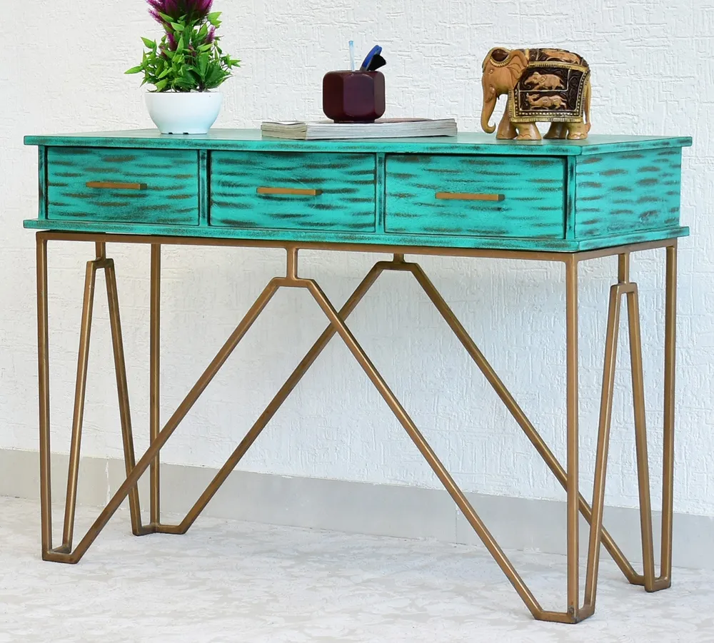 Triple Drawer Solid Wood Distressed Blue Console Table With Golden Iron Frame White