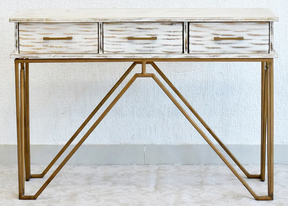 Triple Drawer Solid Wood Distressed Blue Console Table With Golden Iron Frame White
