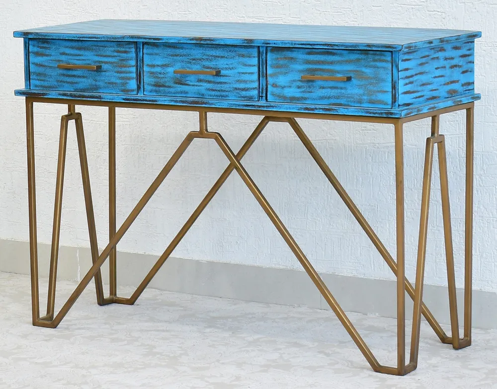 Triple Drawer Solid Wood Distressed Blue Console Table With Golden Iron Frame White