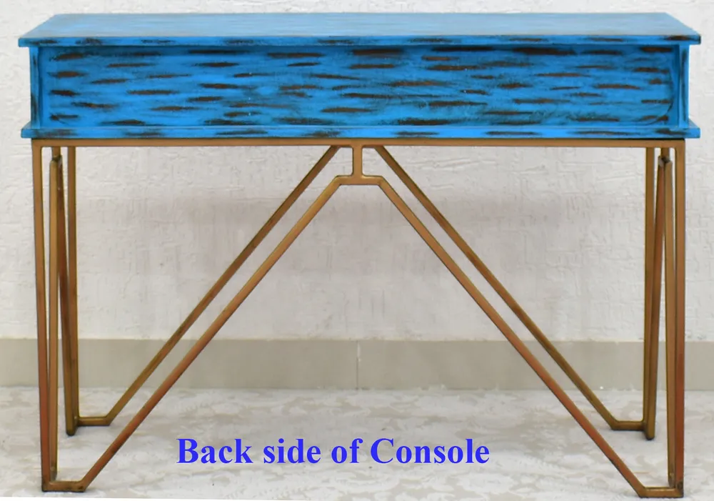 Triple Drawer Solid Wood Distressed Blue Console Table With Golden Iron Frame White