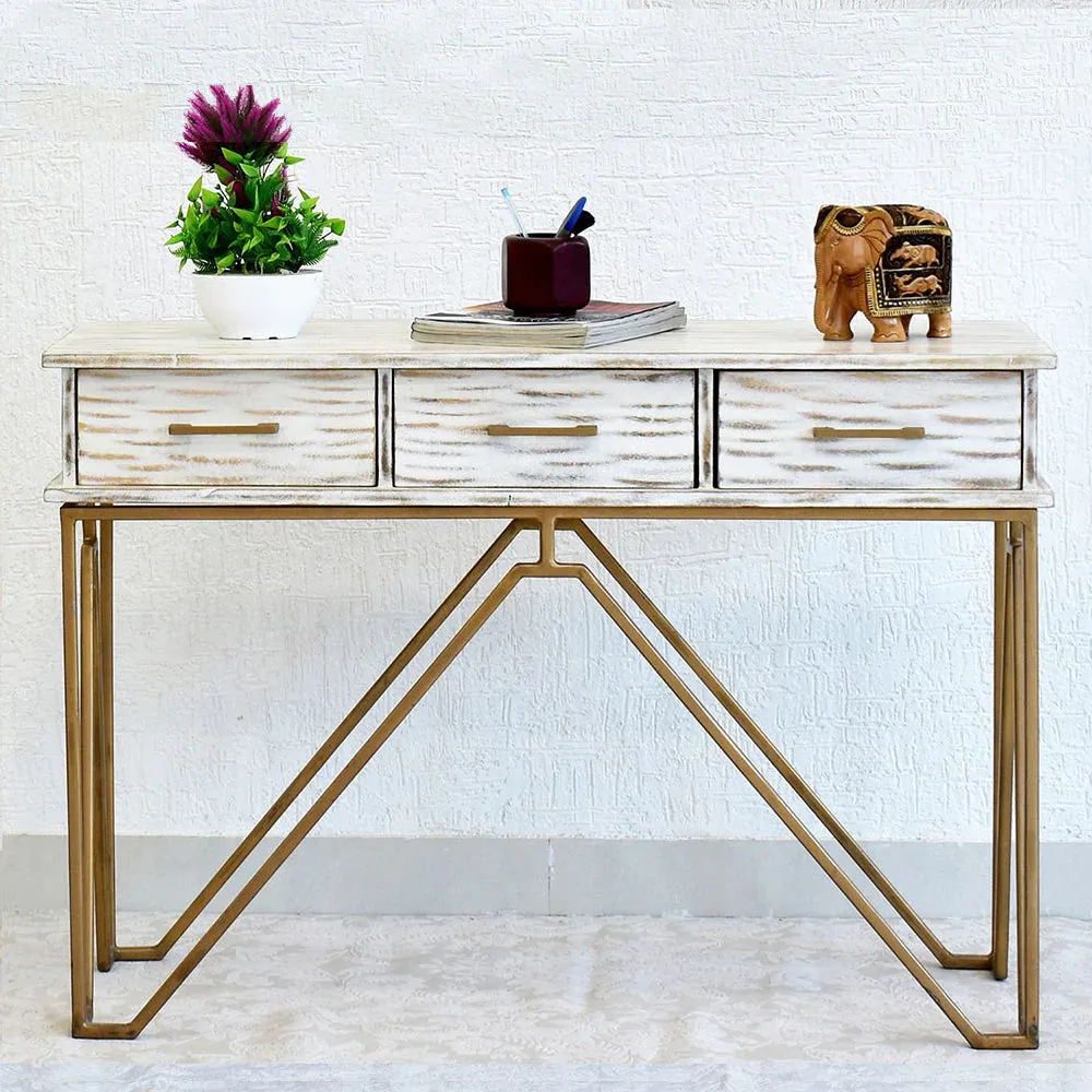 Triple Drawer Solid Wood Distressed Blue Console Table With Golden Iron Frame White