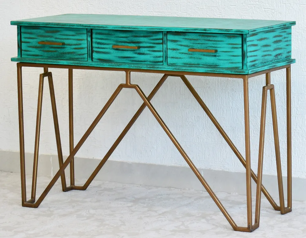 Triple Drawer Solid Wood Distressed Blue Console Table With Golden Iron Frame White