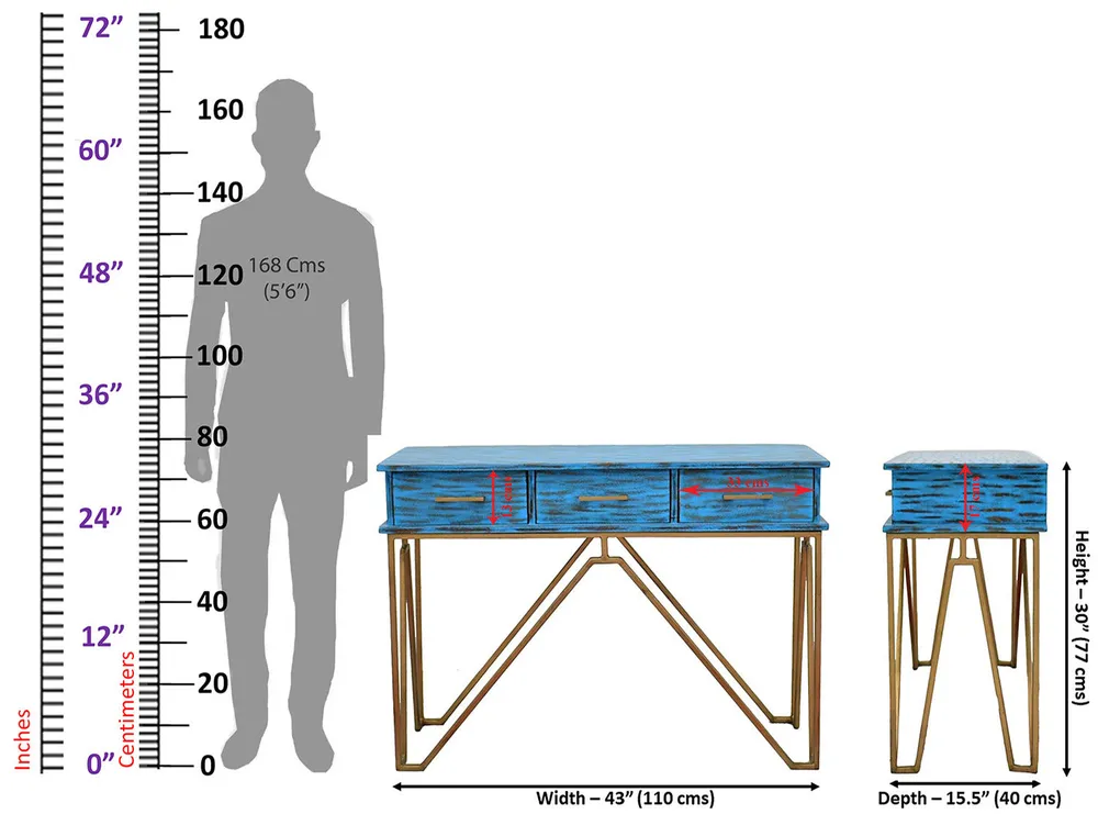 Triple Drawer Solid Wood Distressed Blue Console Table With Golden Iron Frame White