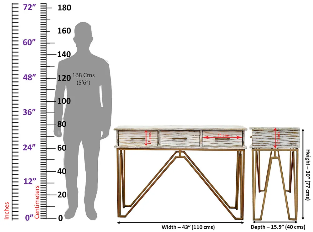 Triple Drawer Solid Wood Distressed Blue Console Table With Golden Iron Frame White