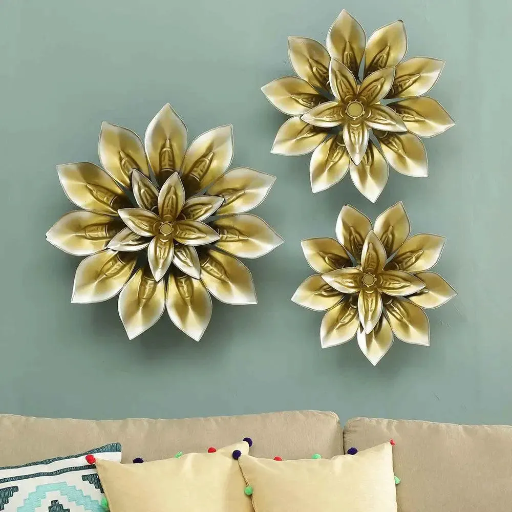 Triple Floral Modern Metal Wall Art in Golden Finish