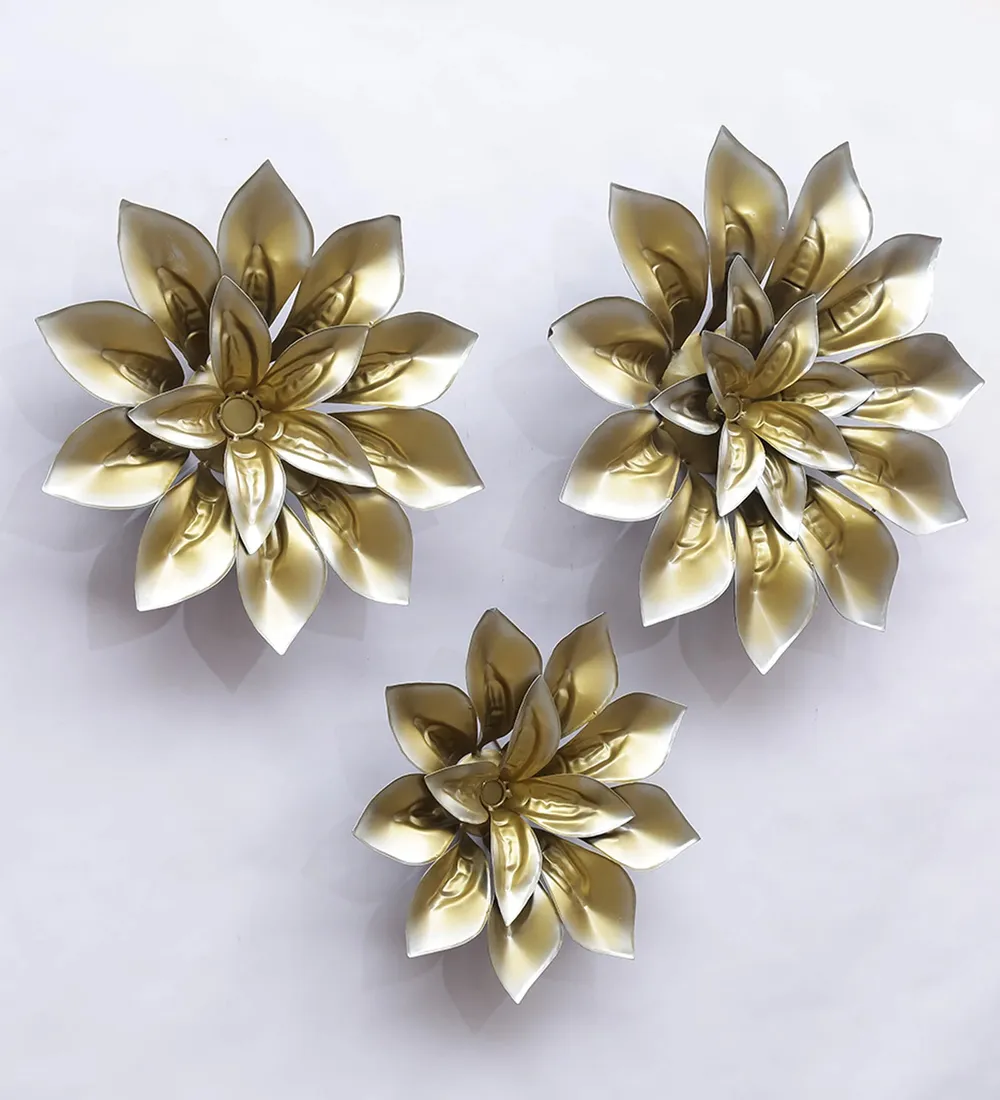 Triple Floral Modern Metal Wall Art in Golden Finish