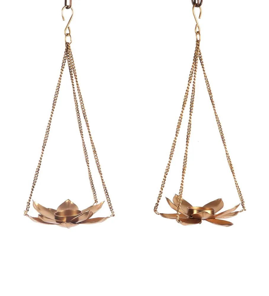 Triple Golden Chained Floral Hanging Tea Light Candle Holders Set Of 2