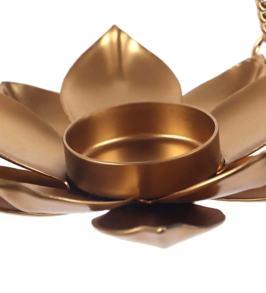 Triple Golden Chained Floral Hanging Tea Light Candle Holders Set Of 2