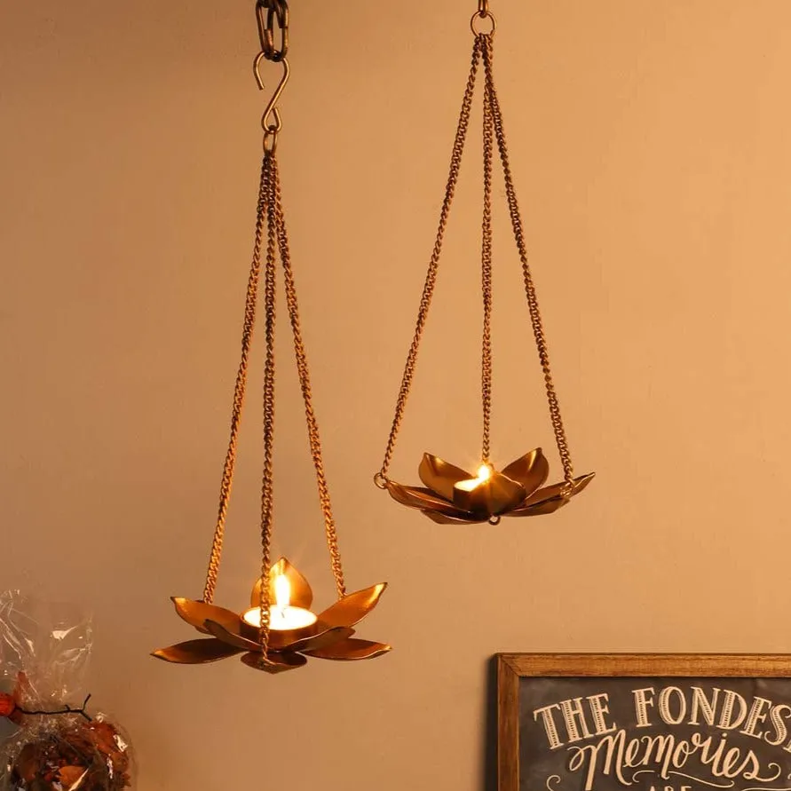 Triple Golden Chained Floral Hanging Tea Light Candle Holders Set Of 2
