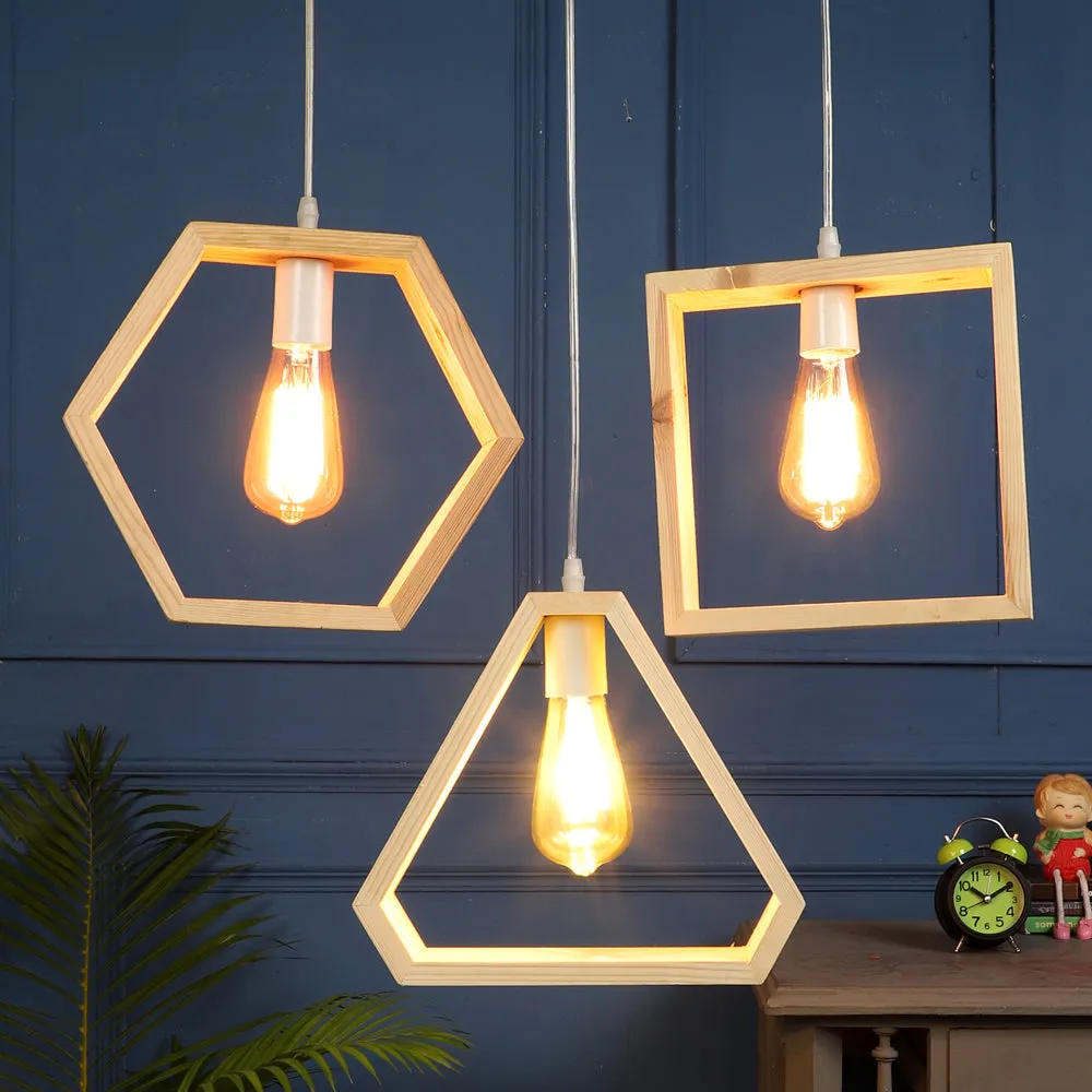 Triple Wooden Framed Contemporary Cluster Hanging Lights Single Piece
