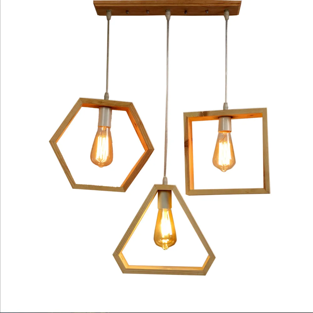 Triple Wooden Framed Contemporary Cluster Hanging Lights Single Piece